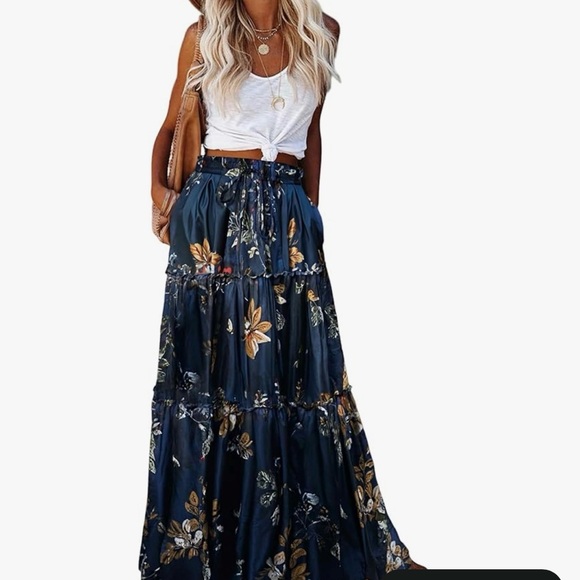 Navy Floral Boho High Waisted Maxi Skirt - Navy - Picture 3 of 3